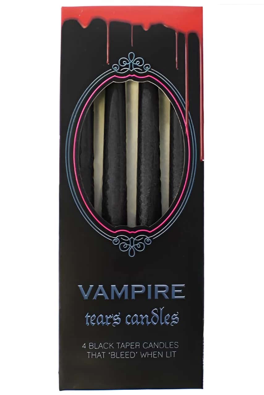 Pack of 4 vampire tears candles black taper candles with red dripping accents and ornate silver trim in decorative box